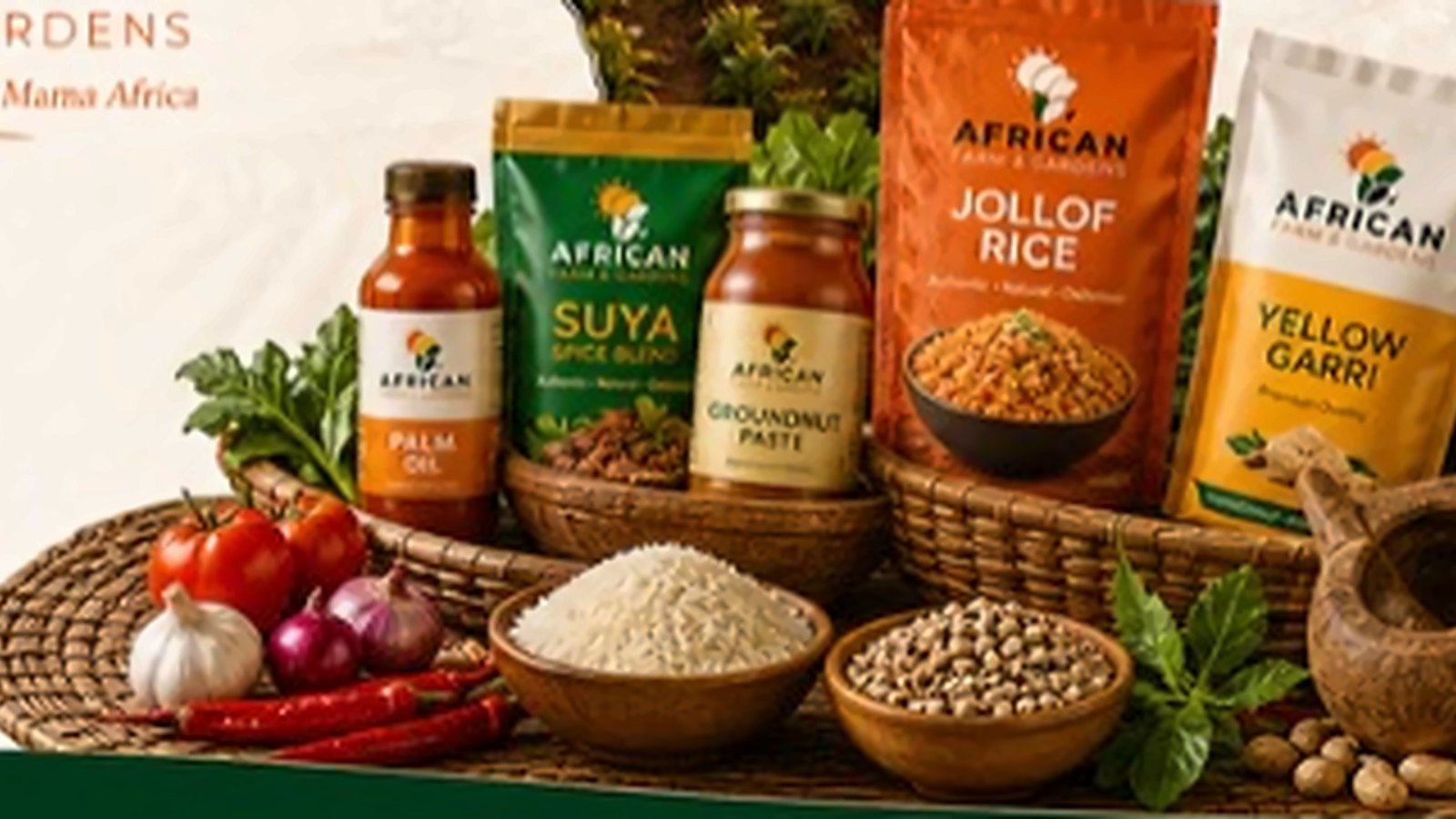 The African Farm & Gardens range with fresh vegetables and grains