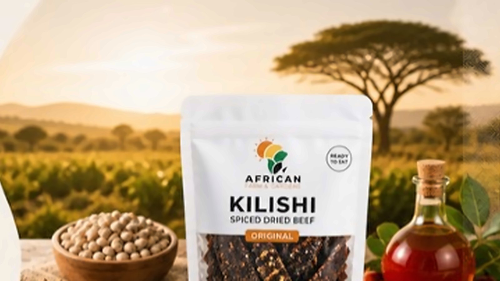 African Farm & Gardens ingredients and packaging arranged on a wooden table