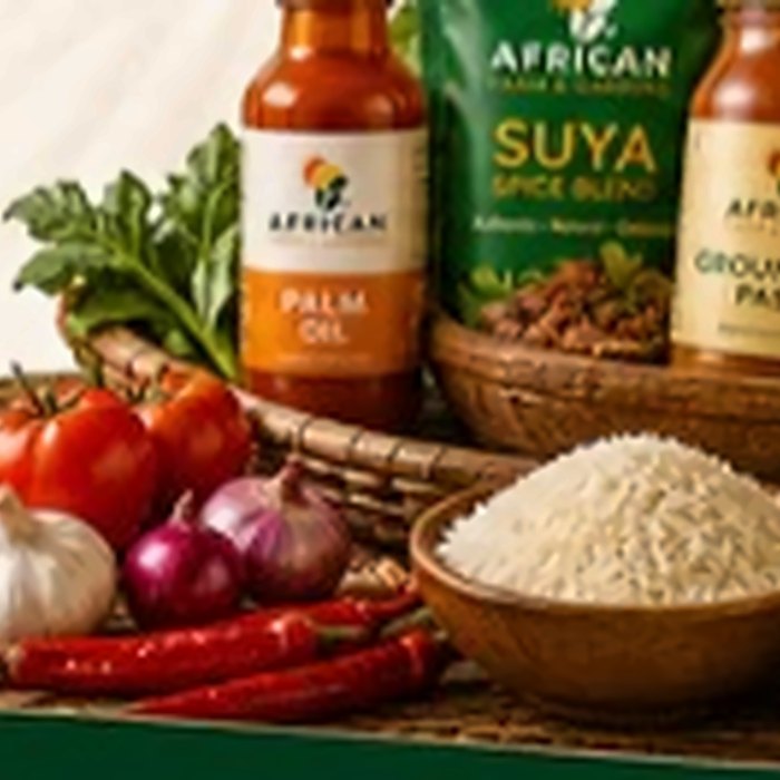 African Farm & Gardens Palm Oil, Suya Spice Blend and Groundnut Paste with fresh vegetables